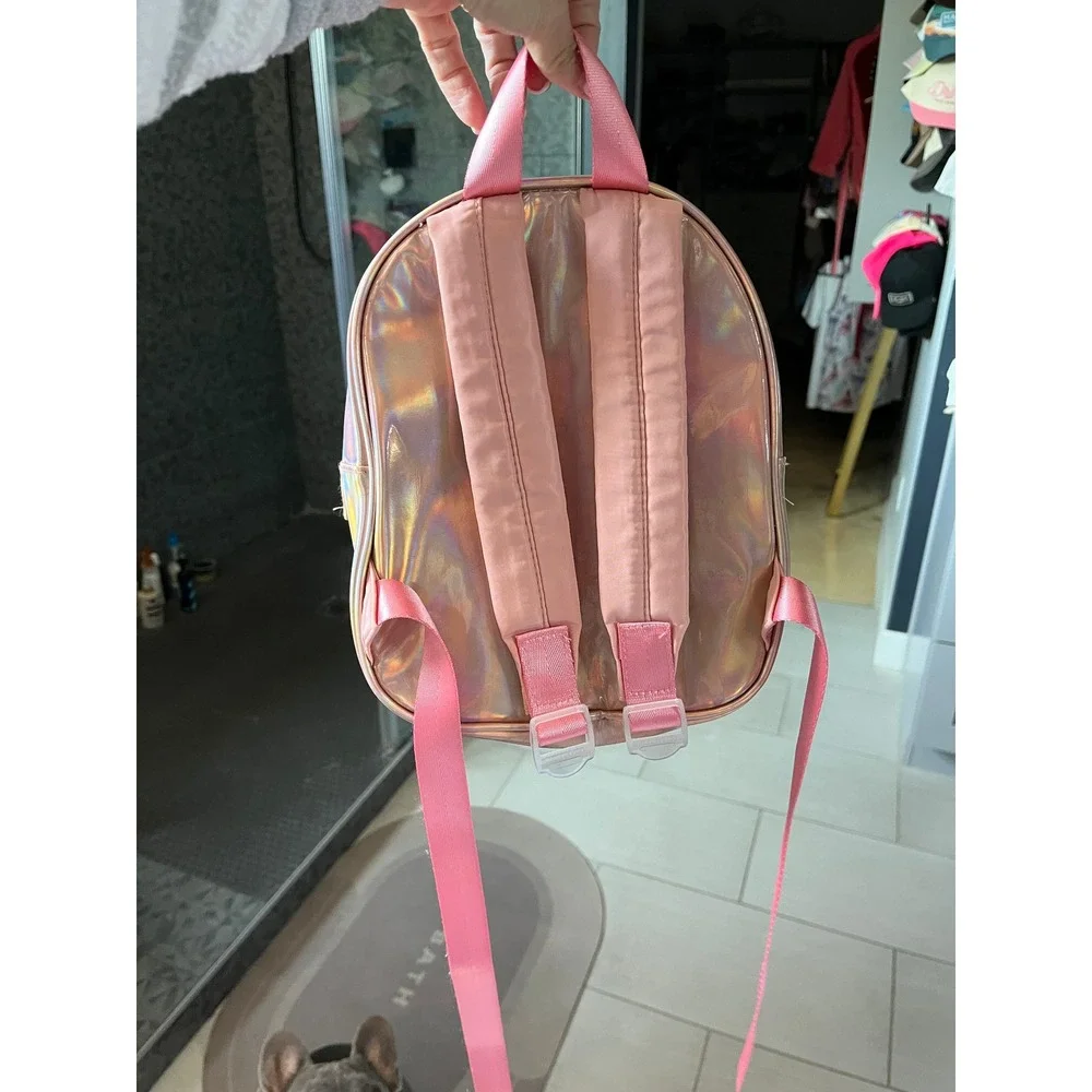Pink Iridescent Holographic Mini Backpack Plush Animal Face Y2K Kawaii Kids Bag